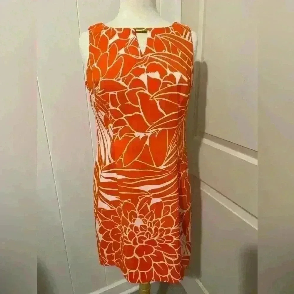 Ronni Nicole Dress Orange White Aloha Hawaiian Tropical Floral Retro Resort Luau